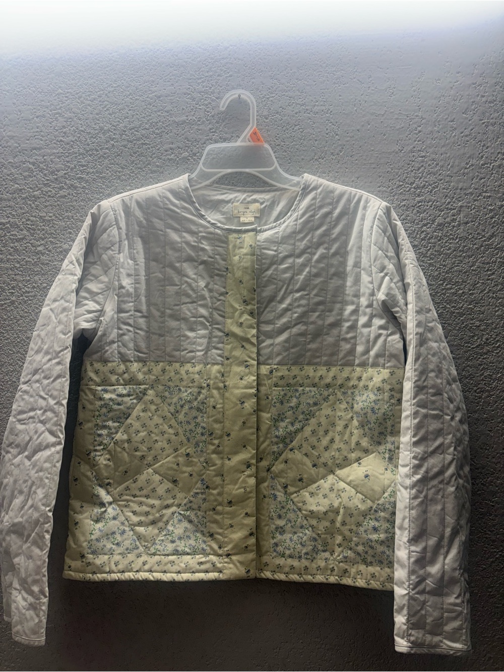 Light Yellow and White Quilted Floral-Panel Puffer Jacket